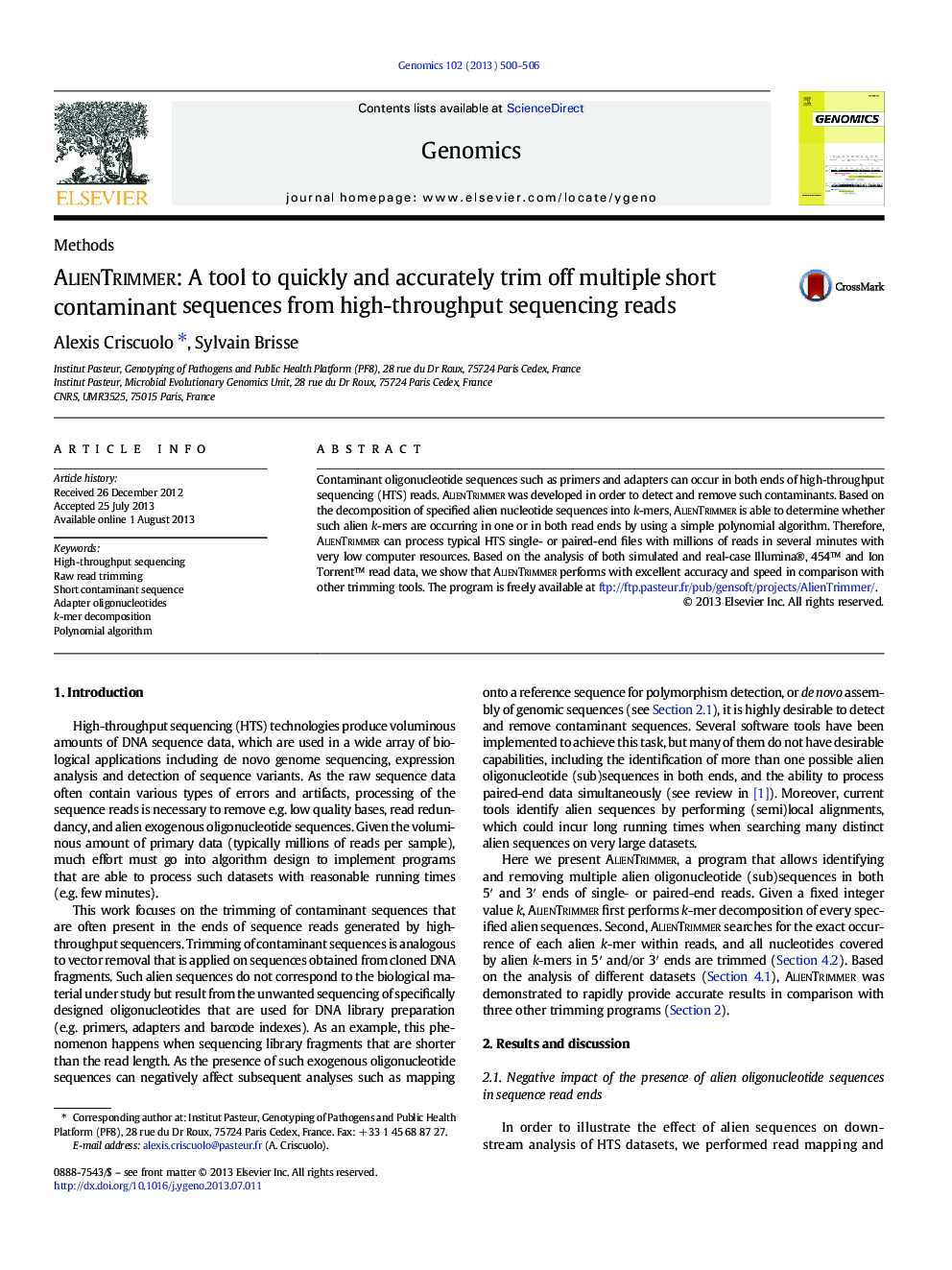 AlienTrimmer: A tool to quickly and accurately trim off multiple short contaminant sequences from high-throughput sequencing reads