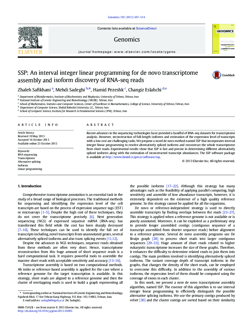 SSP: An interval integer linear programming for de novo transcriptome assembly and isoform discovery of RNA-seq reads