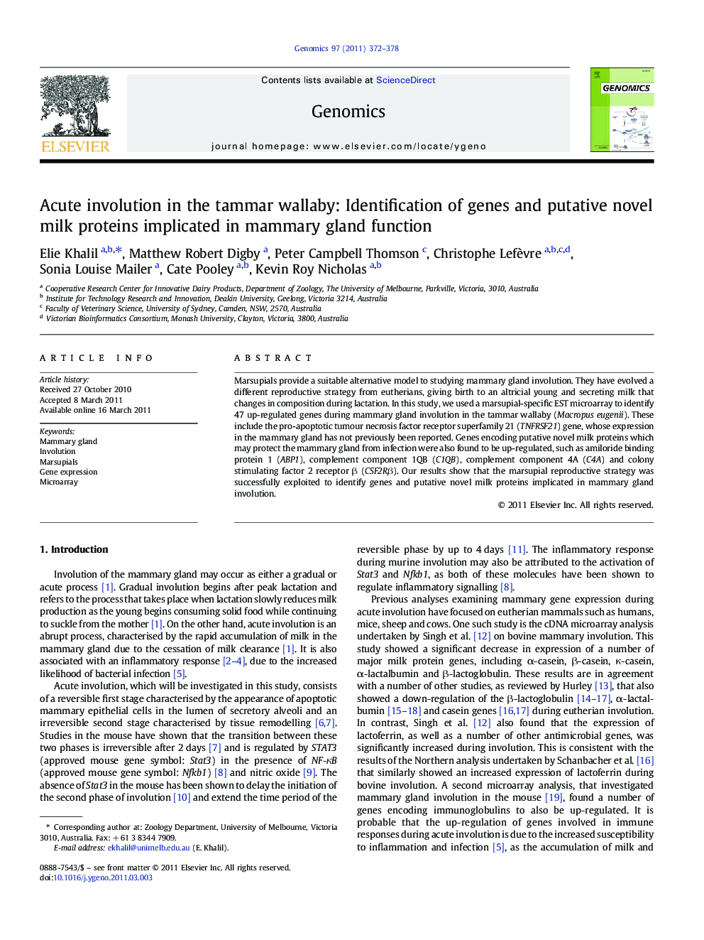 Acute involution in the tammar wallaby: Identification of genes and putative novel milk proteins implicated in mammary gland function