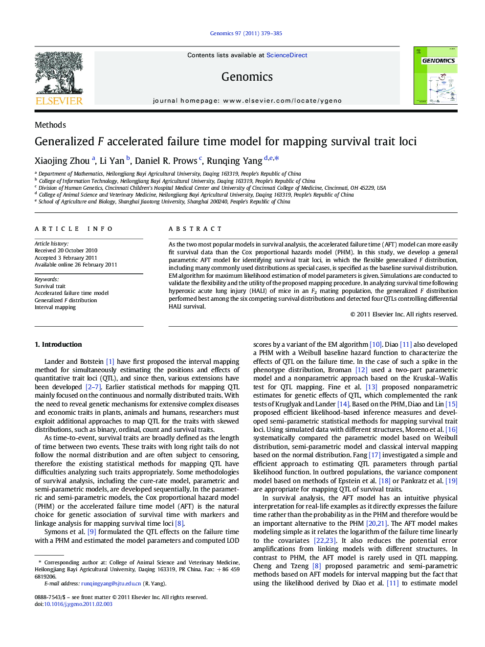 Generalized F accelerated failure time model for mapping survival trait loci