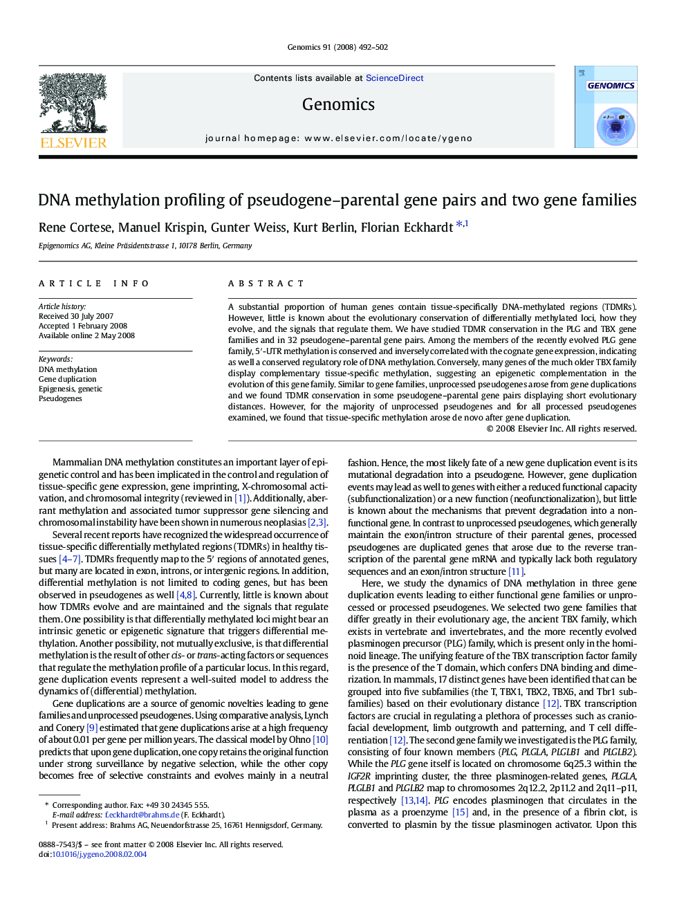 DNA methylation profiling of pseudogene–parental gene pairs and two gene families