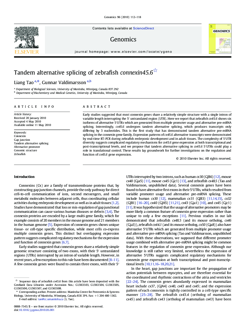 Tandem alternative splicing of zebrafish connexin45.6 