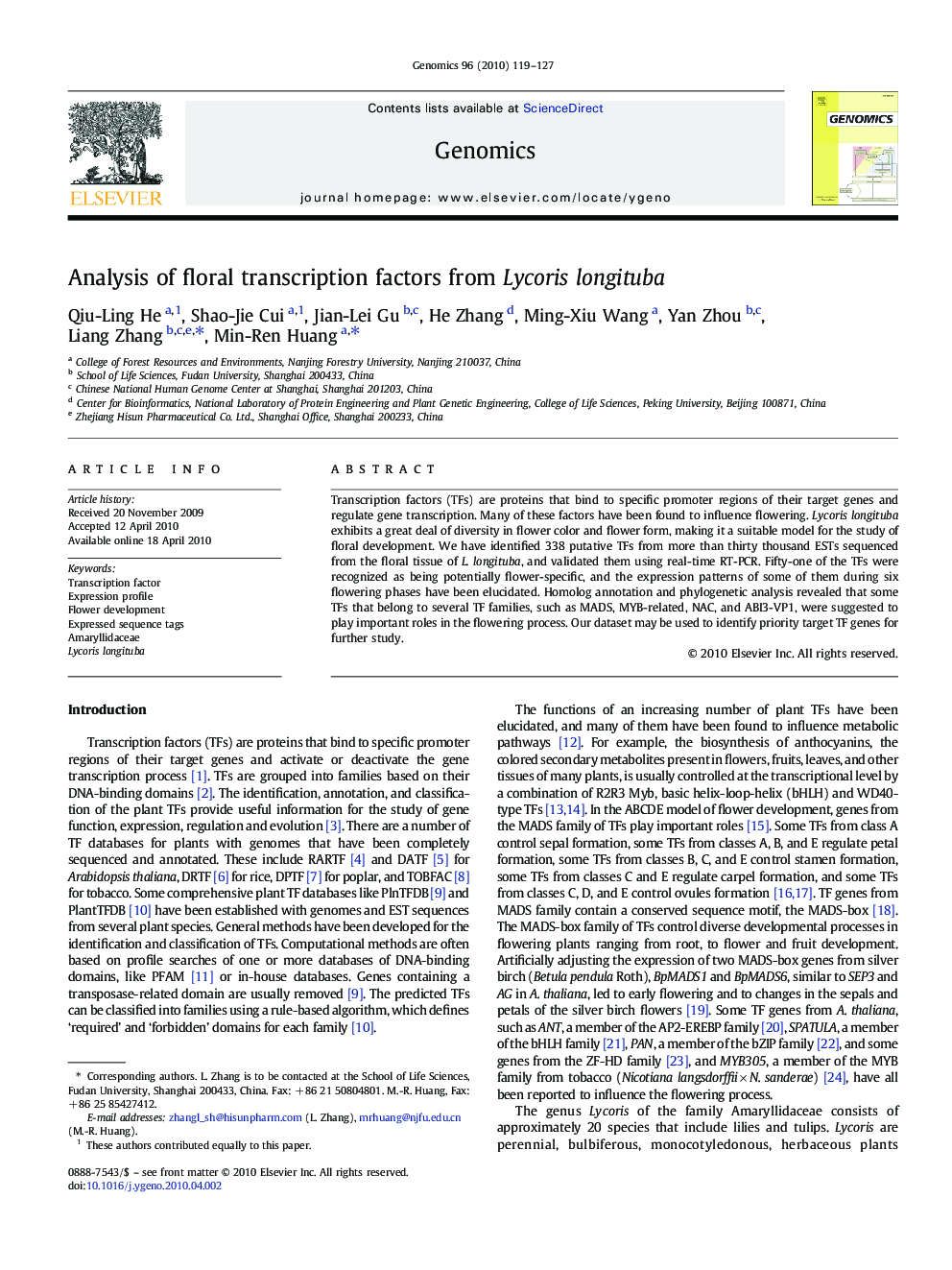 Analysis of floral transcription factors from Lycoris longituba