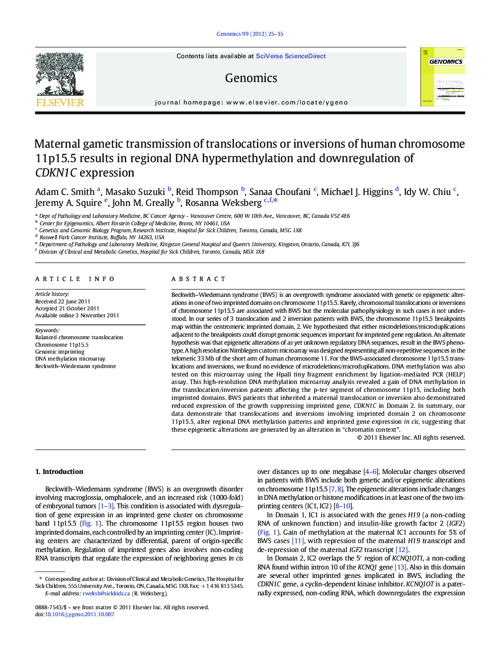 Maternal gametic transmission of translocations or inversions of human chromosome 11p15.5 results in regional DNA hypermethylation and downregulation of CDKN1C expression