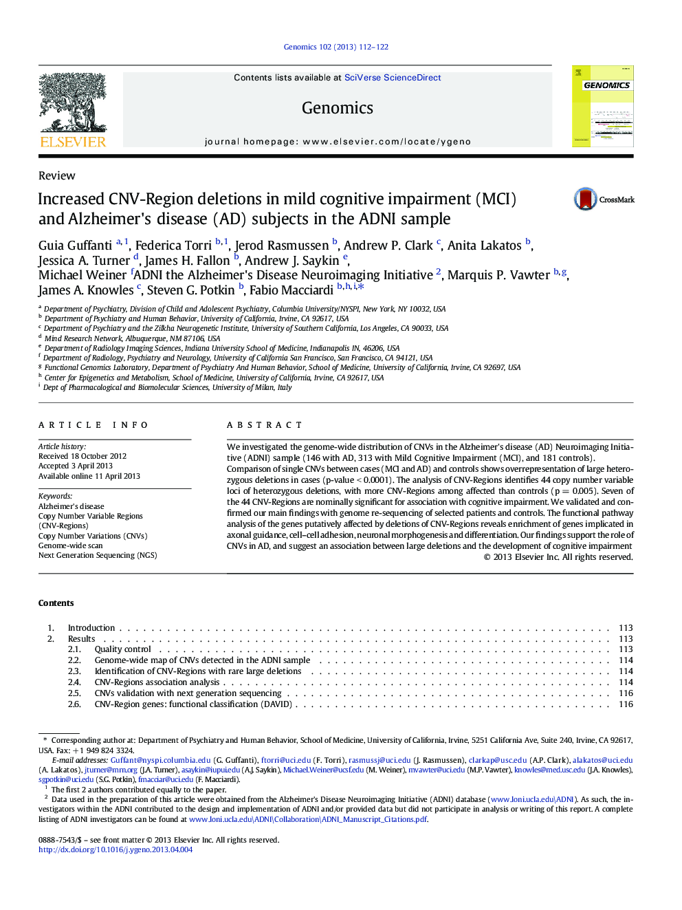 Increased CNV-Region deletions in mild cognitive impairment (MCI) and Alzheimer's disease (AD) subjects in the ADNI sample