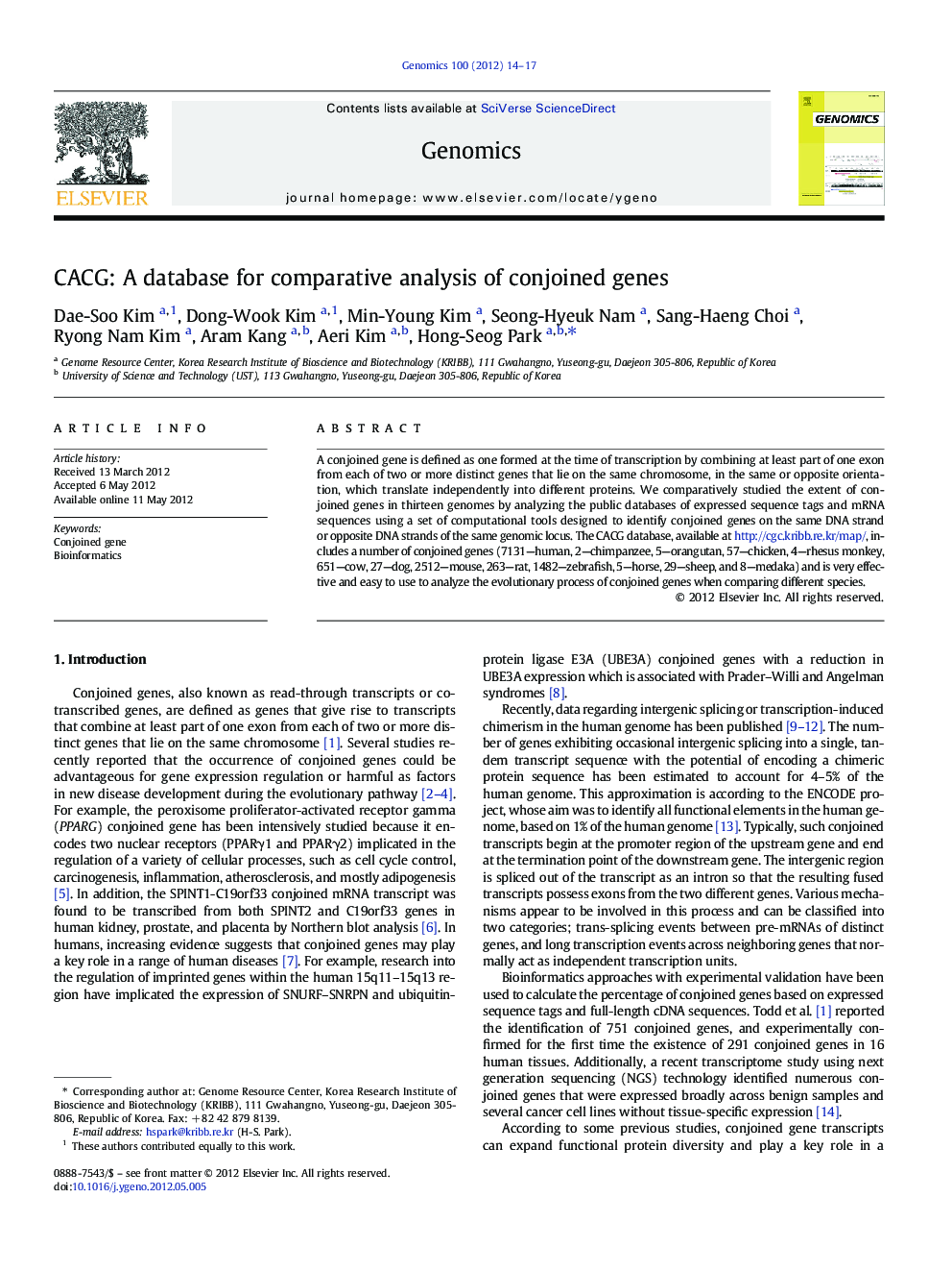 CACG: A database for comparative analysis of conjoined genes