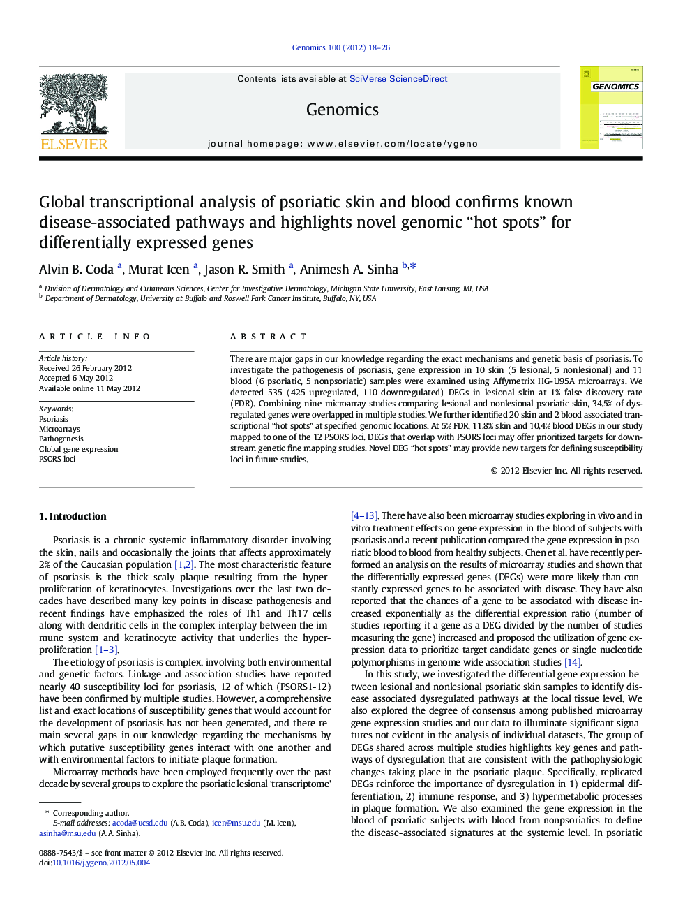 Global transcriptional analysis of psoriatic skin and blood confirms known disease-associated pathways and highlights novel genomic “hot spots” for differentially expressed genes