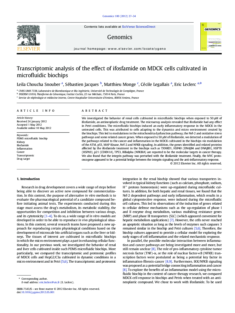 Transcriptomic analysis of the effect of ifosfamide on MDCK cells cultivated in microfluidic biochips