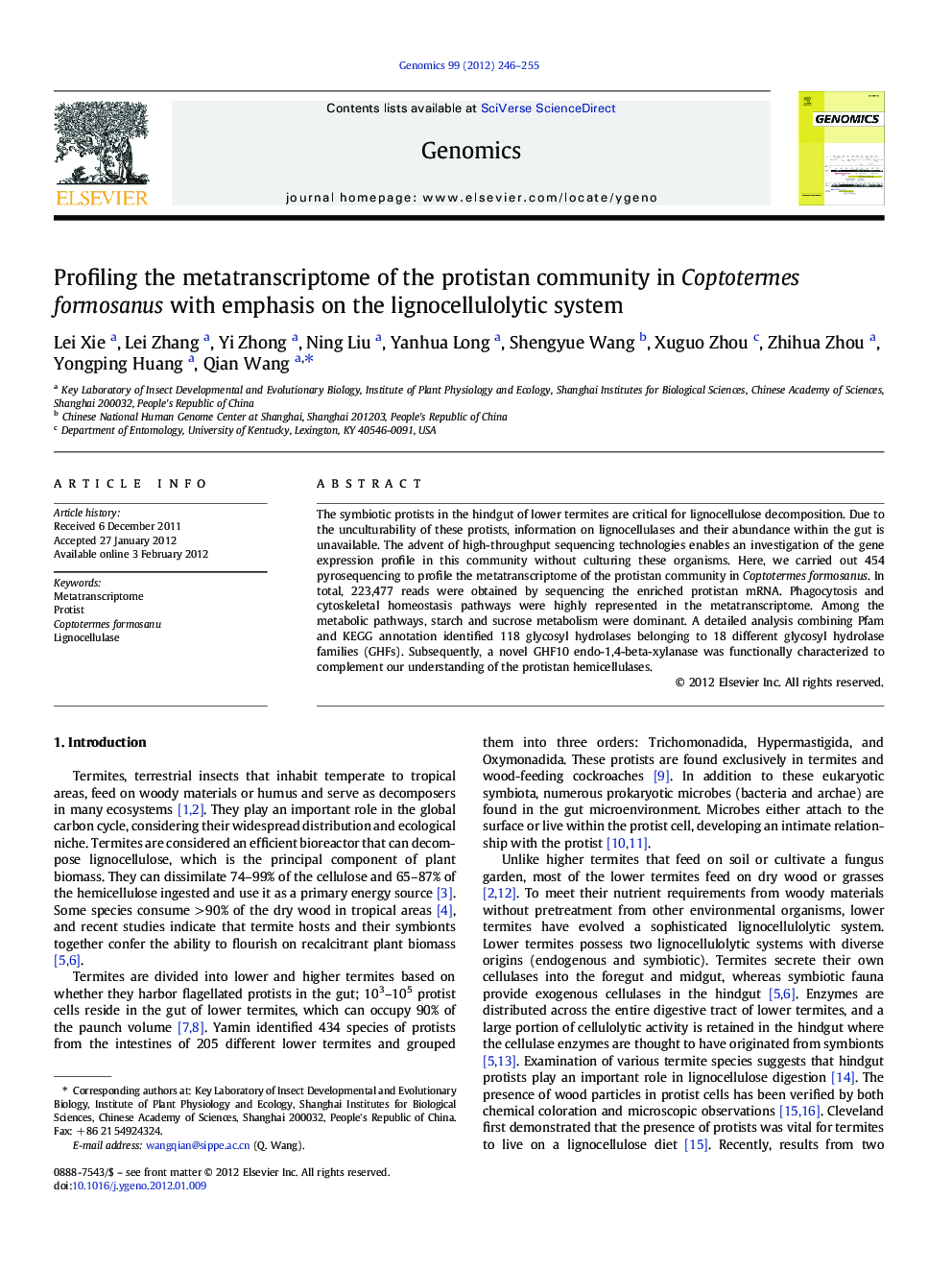 Profiling the metatranscriptome of the protistan community in Coptotermes formosanus with emphasis on the lignocellulolytic system