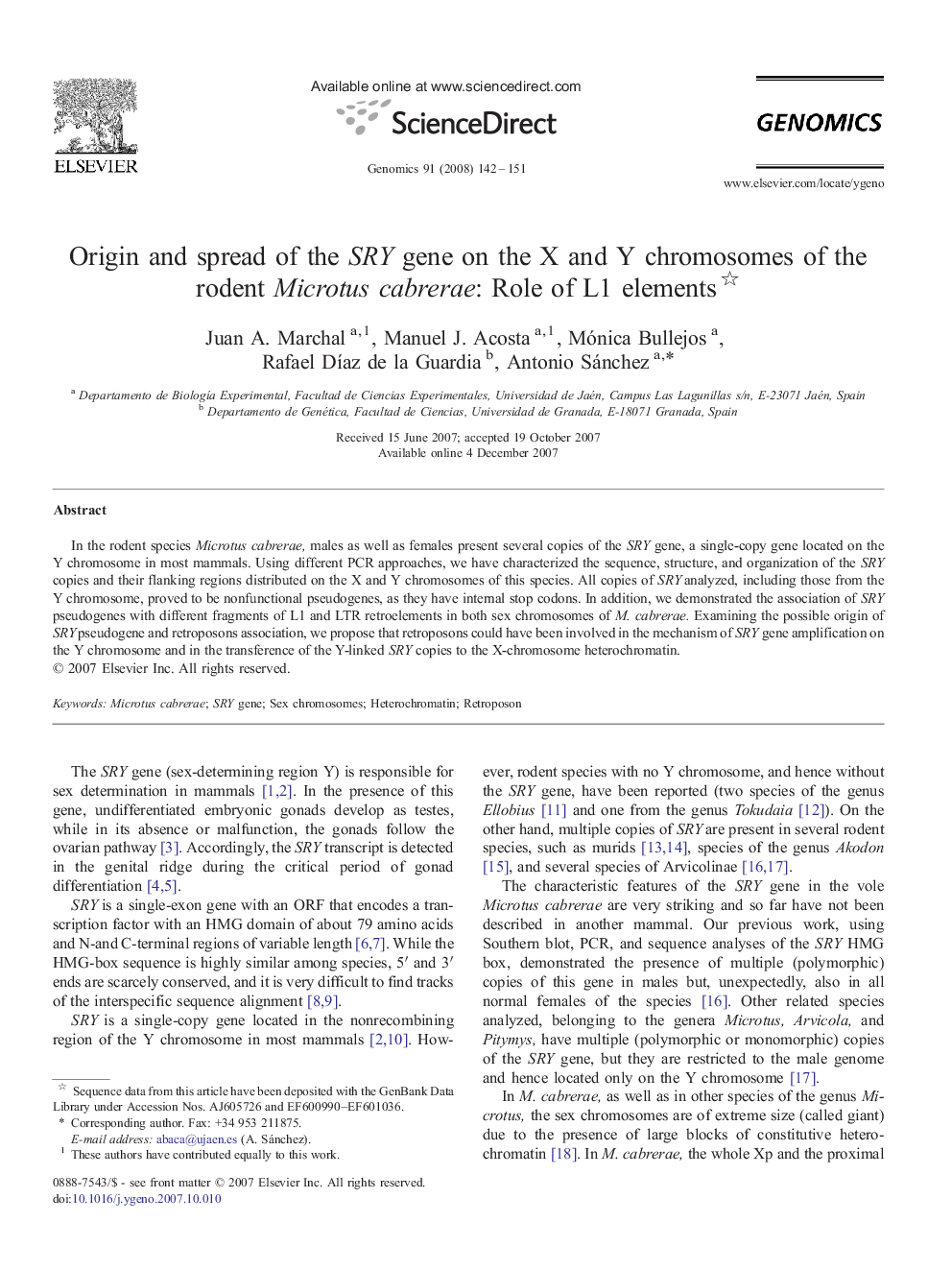 Origin and spread of the SRY gene on the X and Y chromosomes of the rodent Microtus cabrerae: Role of L1 elements 