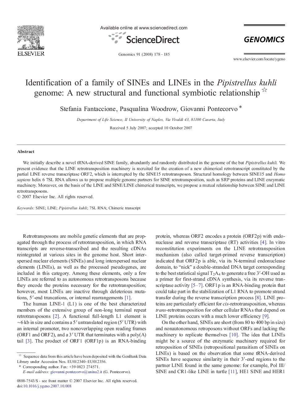 Identification of a family of SINEs and LINEs in the Pipistrellus kuhli genome: A new structural and functional symbiotic relationship 