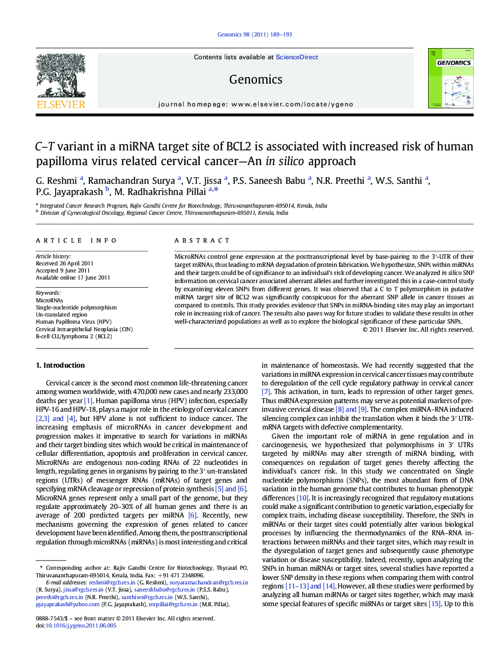 C–T variant in a miRNA target site of BCL2 is associated with increased risk of human papilloma virus related cervical cancer—An in silico approach