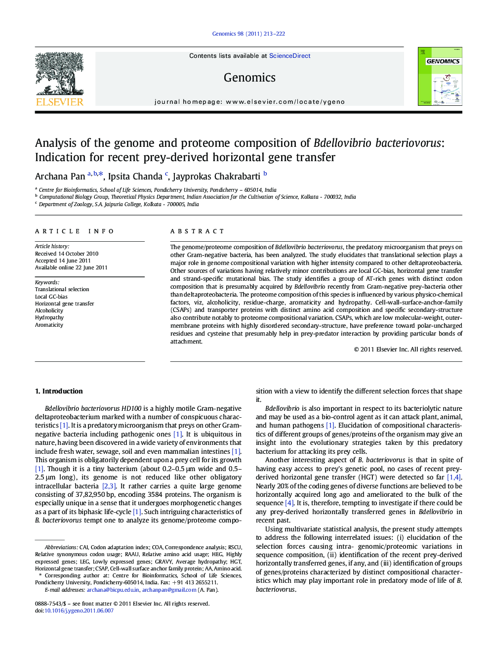 Analysis of the genome and proteome composition of Bdellovibrio bacteriovorus: Indication for recent prey-derived horizontal gene transfer