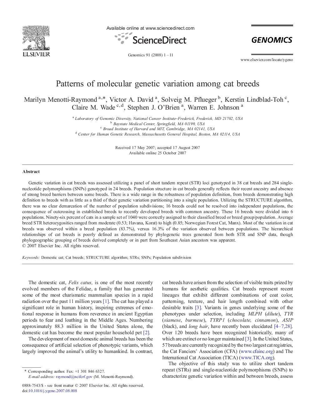 Patterns of molecular genetic variation among cat breeds