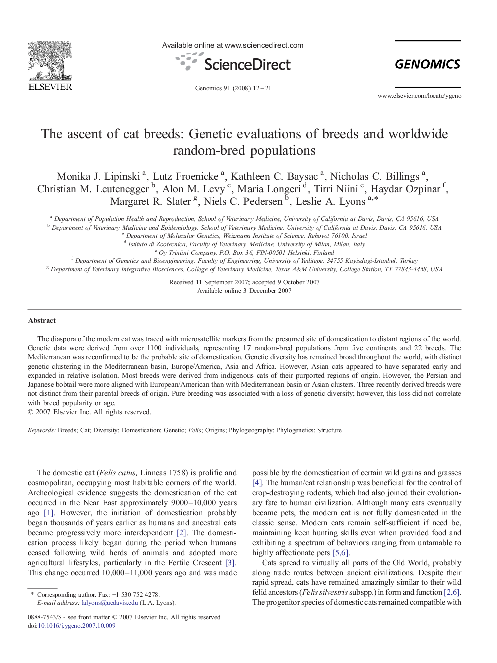 The ascent of cat breeds: Genetic evaluations of breeds and worldwide random-bred populations