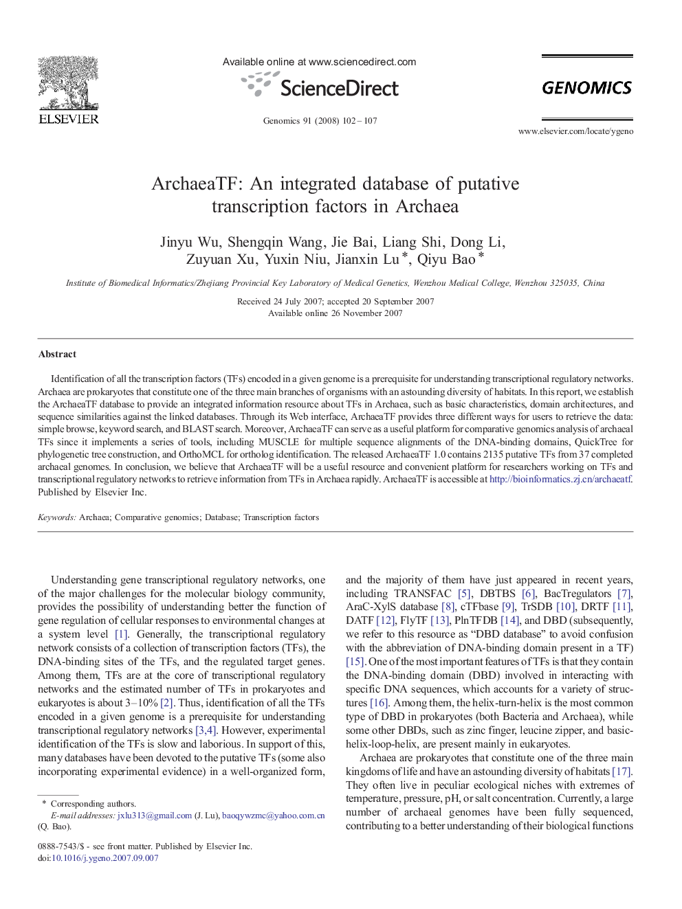 ArchaeaTF: An integrated database of putative transcription factors in Archaea