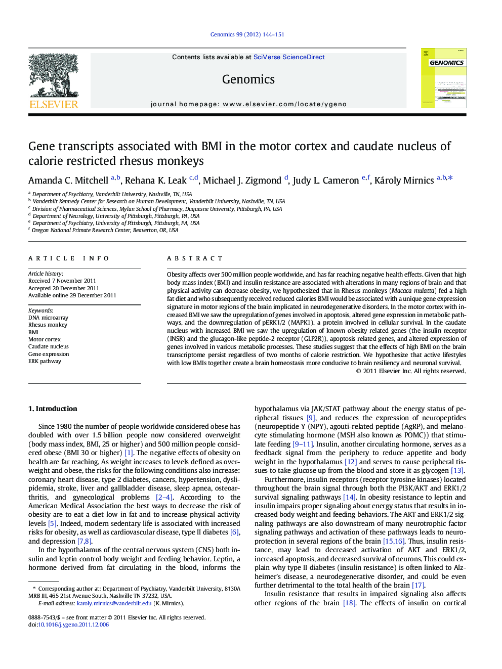 Gene transcripts associated with BMI in the motor cortex and caudate nucleus of calorie restricted rhesus monkeys