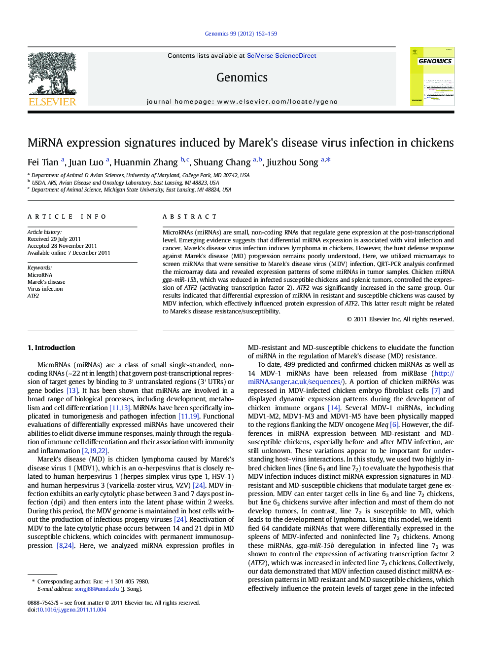 MiRNA expression signatures induced by Marek's disease virus infection in chickens