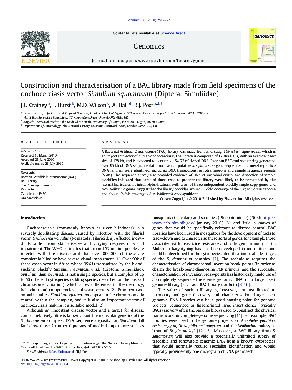 Construction and characterisation of a BAC library made from field specimens of the onchocerciasis vector Simulium squamosum (Diptera: Simuliidae)