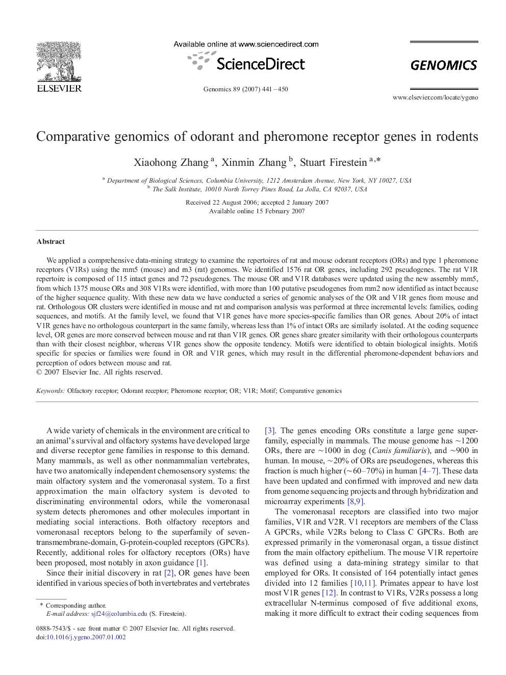 Comparative genomics of odorant and pheromone receptor genes in rodents