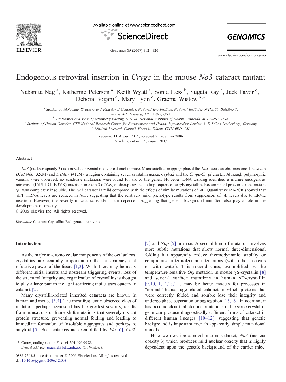 Endogenous retroviral insertion in Cryge in the mouse No3 cataract mutant