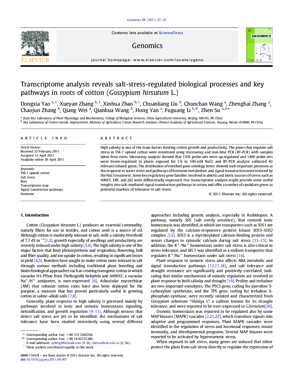 Transcriptome analysis reveals salt-stress-regulated biological processes and key pathways in roots of cotton (Gossypium hirsutum L.)