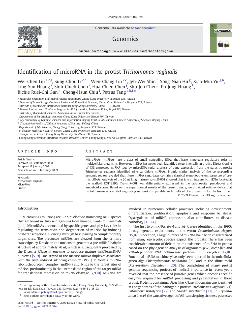 Identification of microRNA in the protist Trichomonas vaginalis