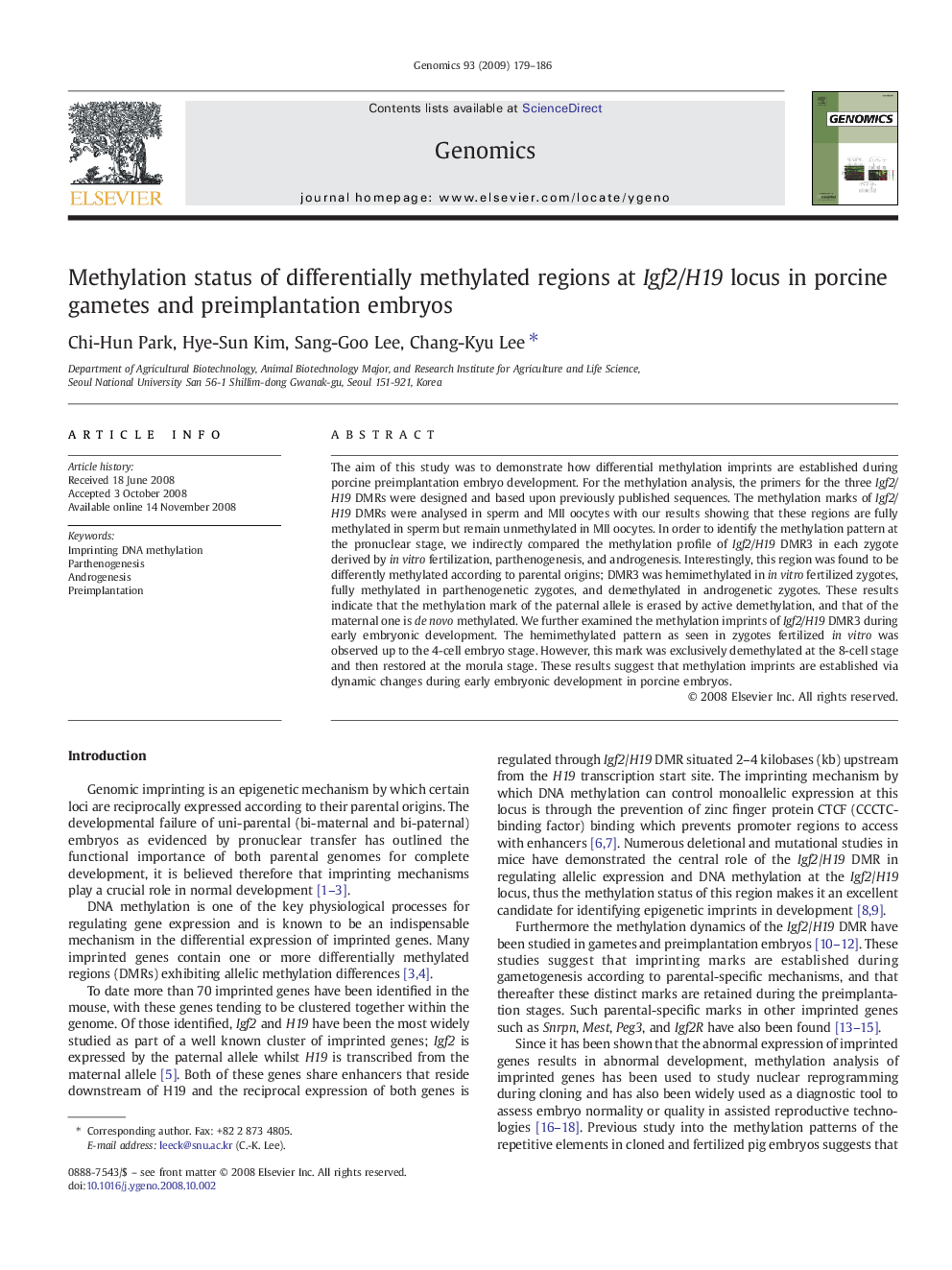 Methylation status of differentially methylated regions at Igf2/H19 locus in porcine gametes and preimplantation embryos