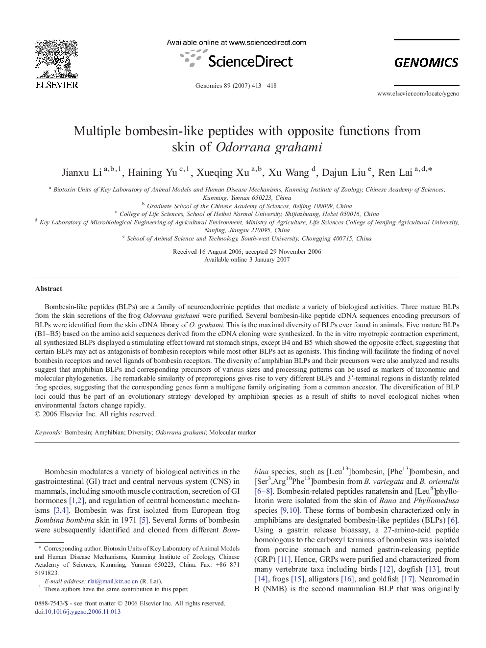 Multiple bombesin-like peptides with opposite functions from skin of Odorrana grahami