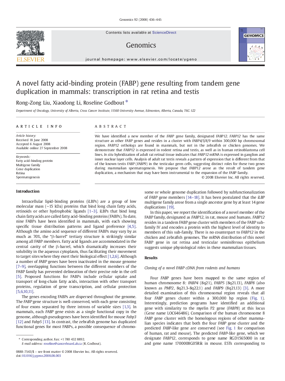 A novel fatty acid-binding protein (FABP) gene resulting from tandem gene duplication in mammals: transcription in rat retina and testis