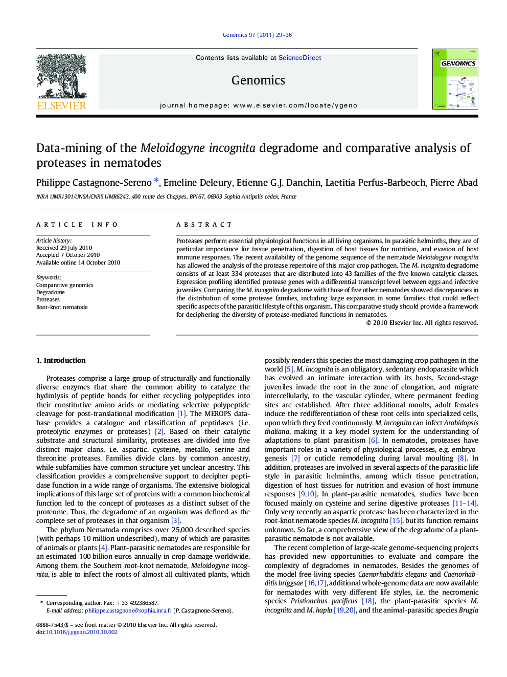 Data-mining of the Meloidogyne incognita degradome and comparative analysis of proteases in nematodes