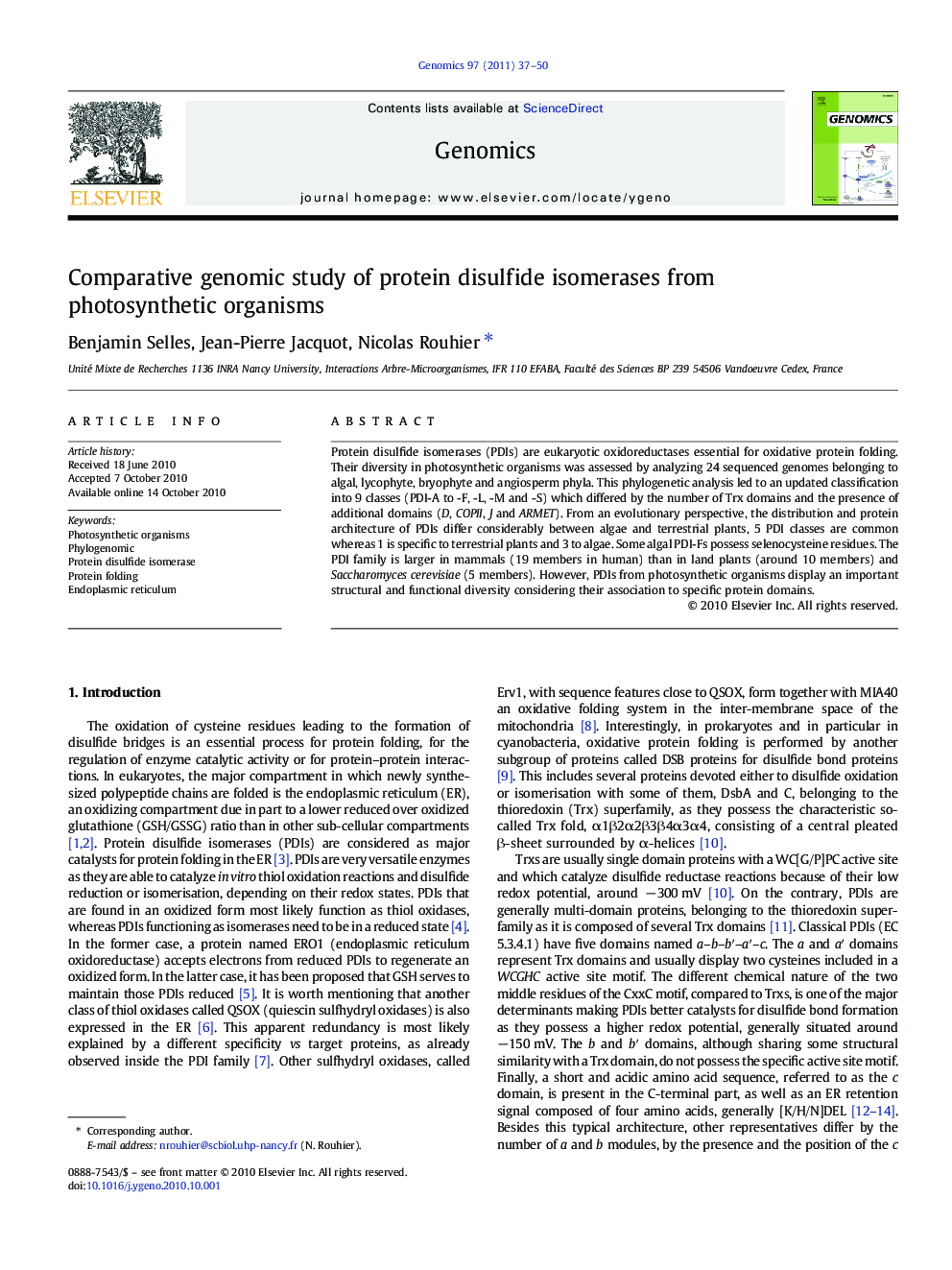 Comparative genomic study of protein disulfide isomerases from photosynthetic organisms