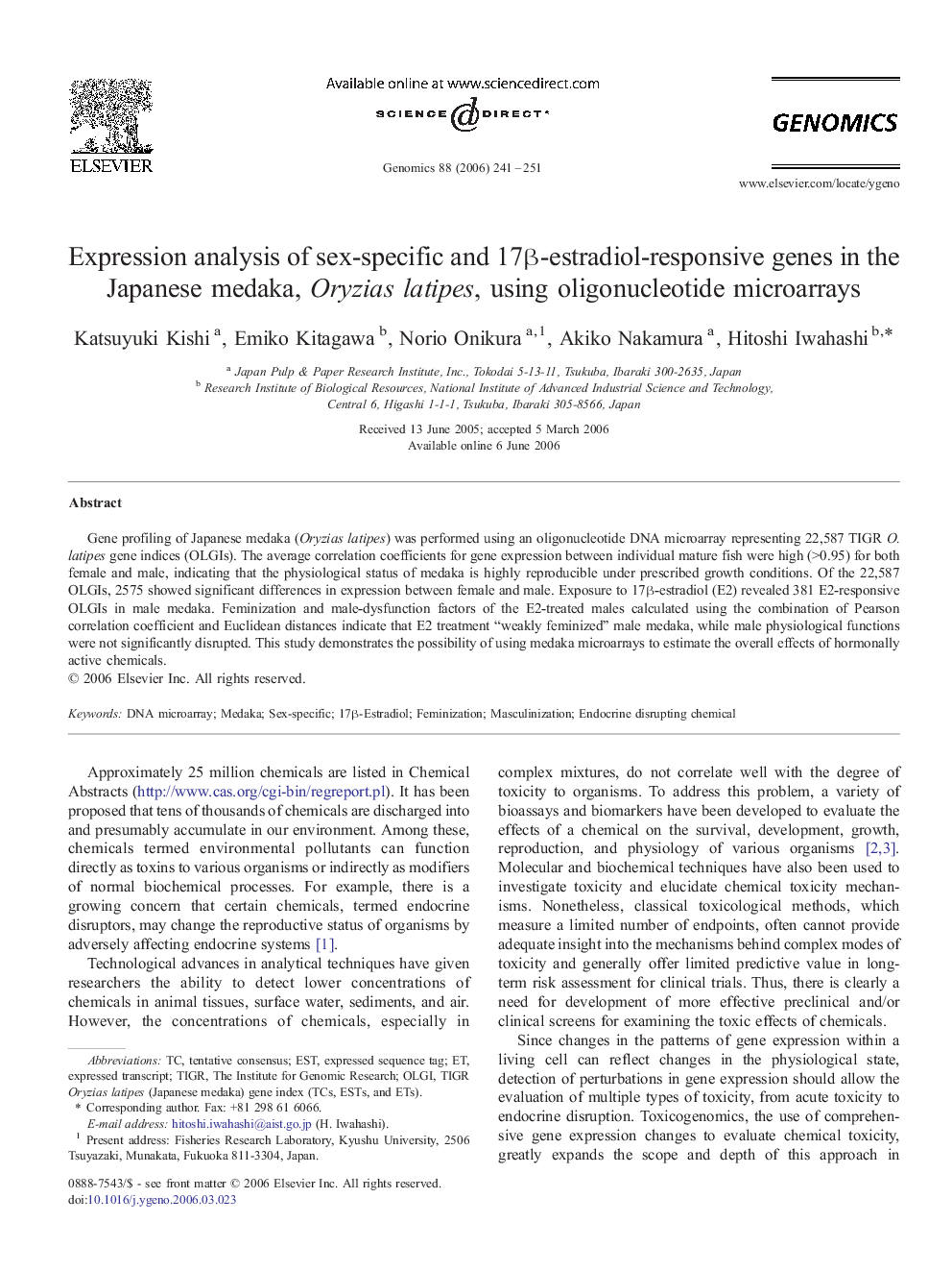 Expression analysis of sex-specific and 17β-estradiol-responsive genes in the Japanese medaka, Oryzias latipes, using oligonucleotide microarrays