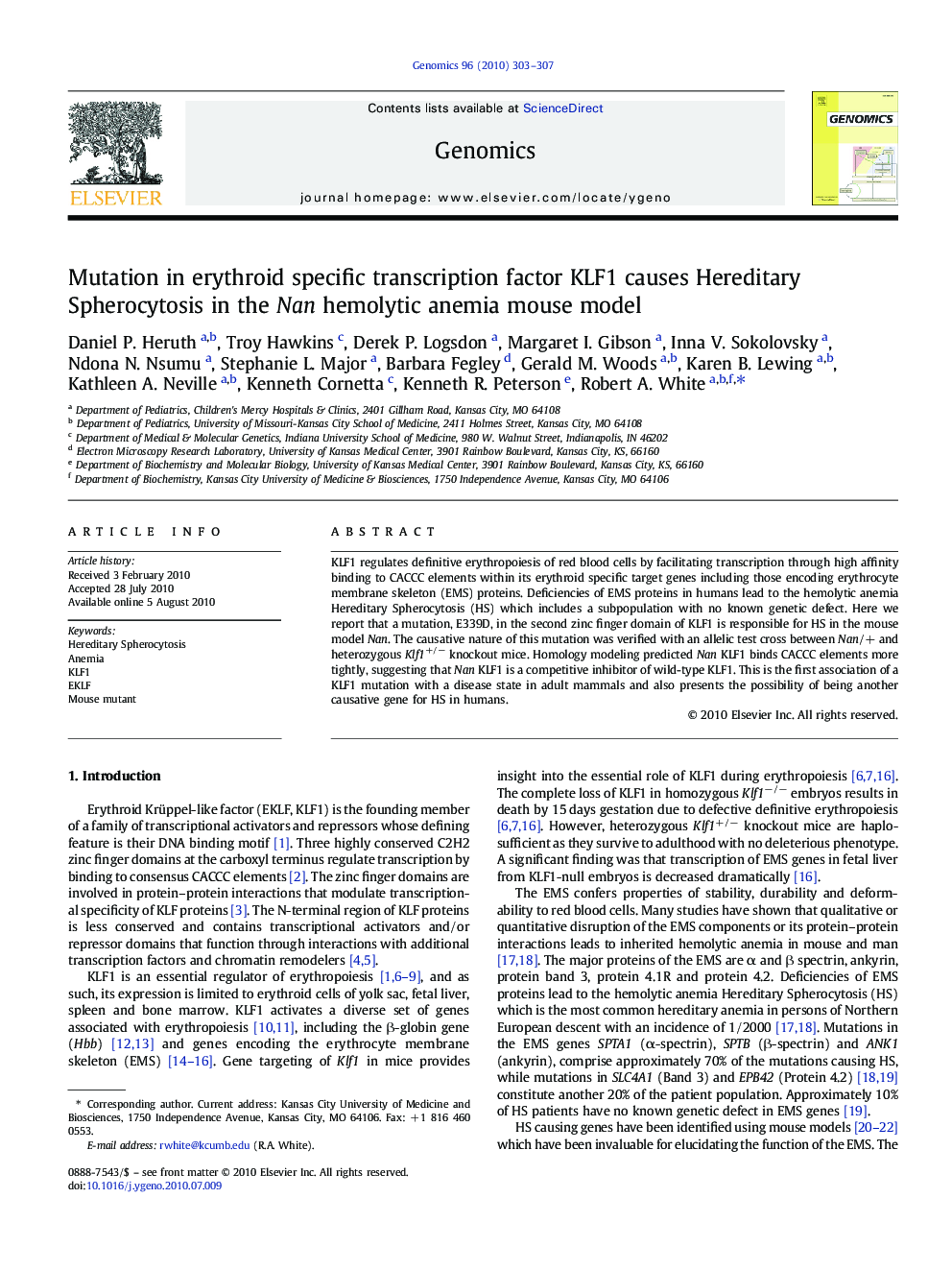 Mutation in erythroid specific transcription factor KLF1 causes Hereditary Spherocytosis in the Nan hemolytic anemia mouse model