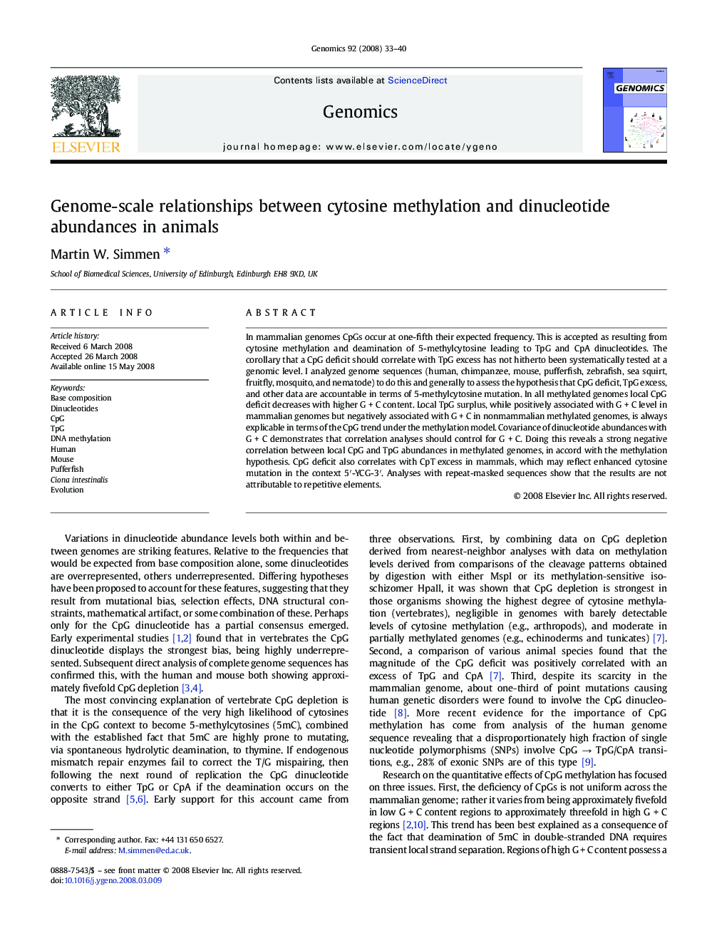 Genome-scale relationships between cytosine methylation and dinucleotide abundances in animals