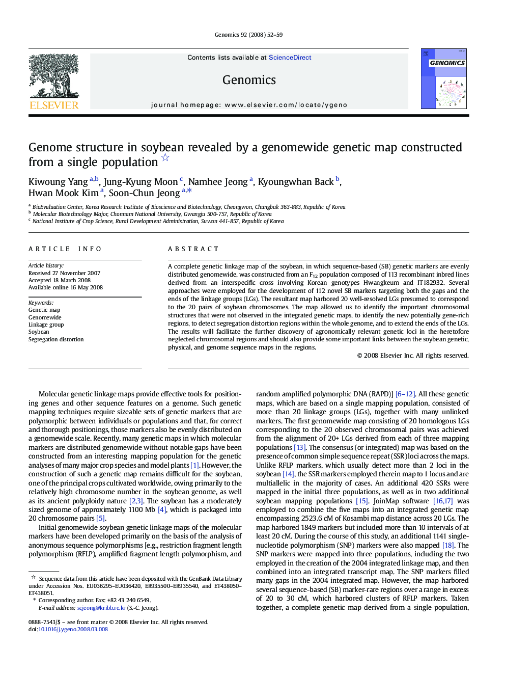 Genome structure in soybean revealed by a genomewide genetic map constructed from a single population 