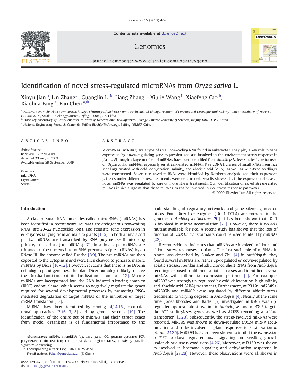 Identification of novel stress-regulated microRNAs from Oryza sativa L.