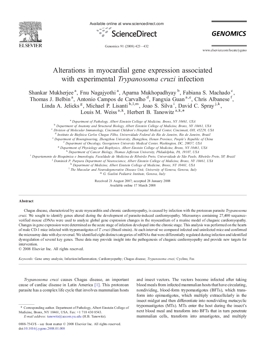 Alterations in myocardial gene expression associated with experimental Trypanosoma cruzi infection