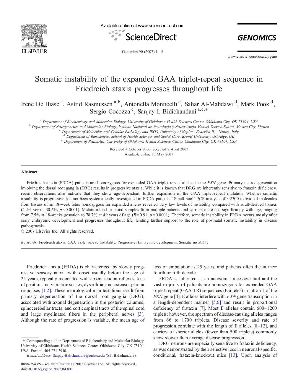 Somatic instability of the expanded GAA triplet-repeat sequence in Friedreich ataxia progresses throughout life