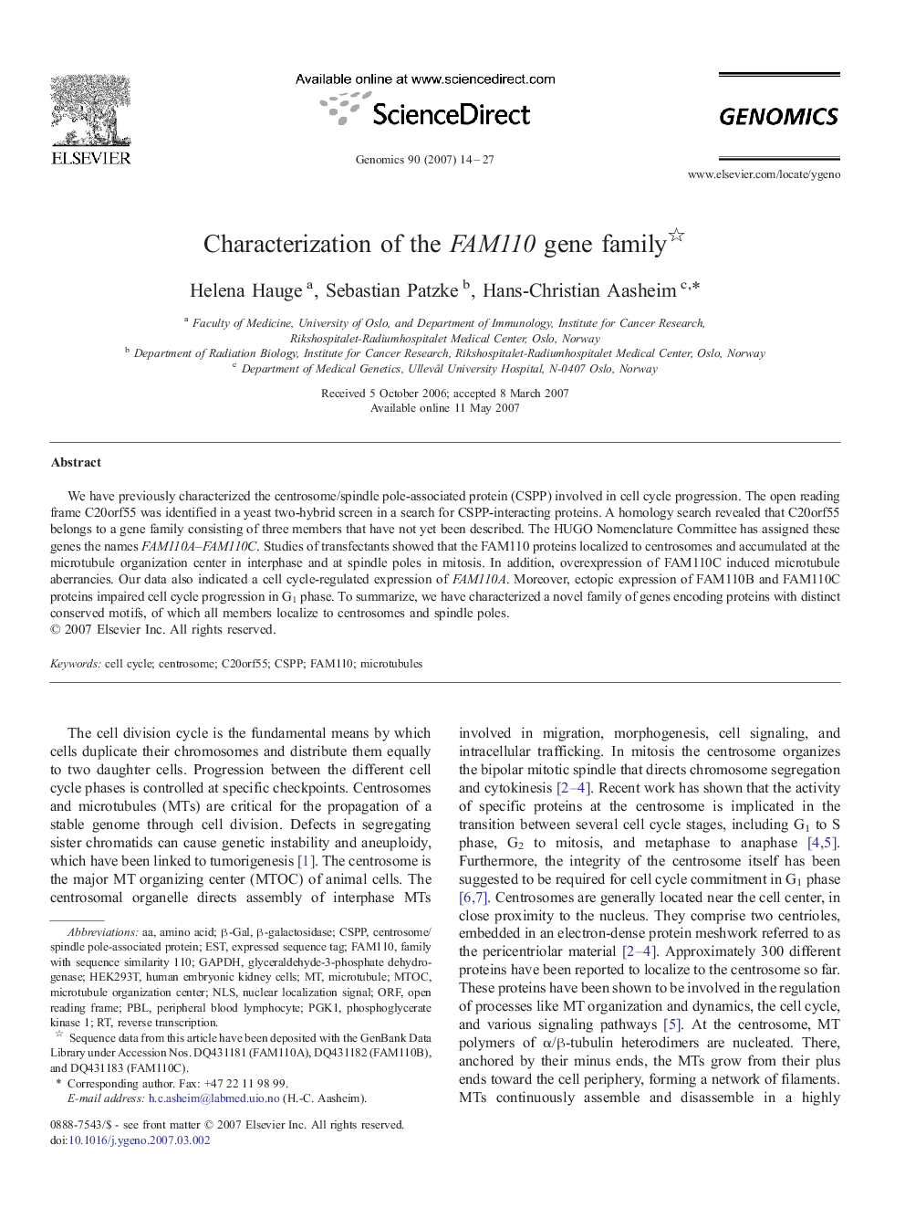 Characterization of the FAM110 gene family 