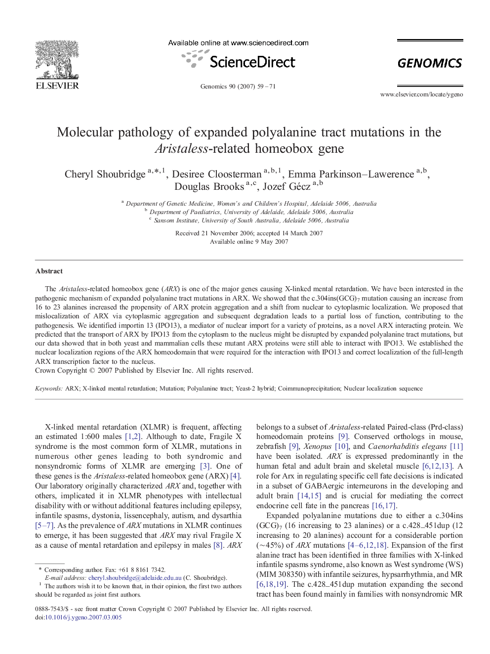 Molecular pathology of expanded polyalanine tract mutations in the Aristaless-related homeobox gene