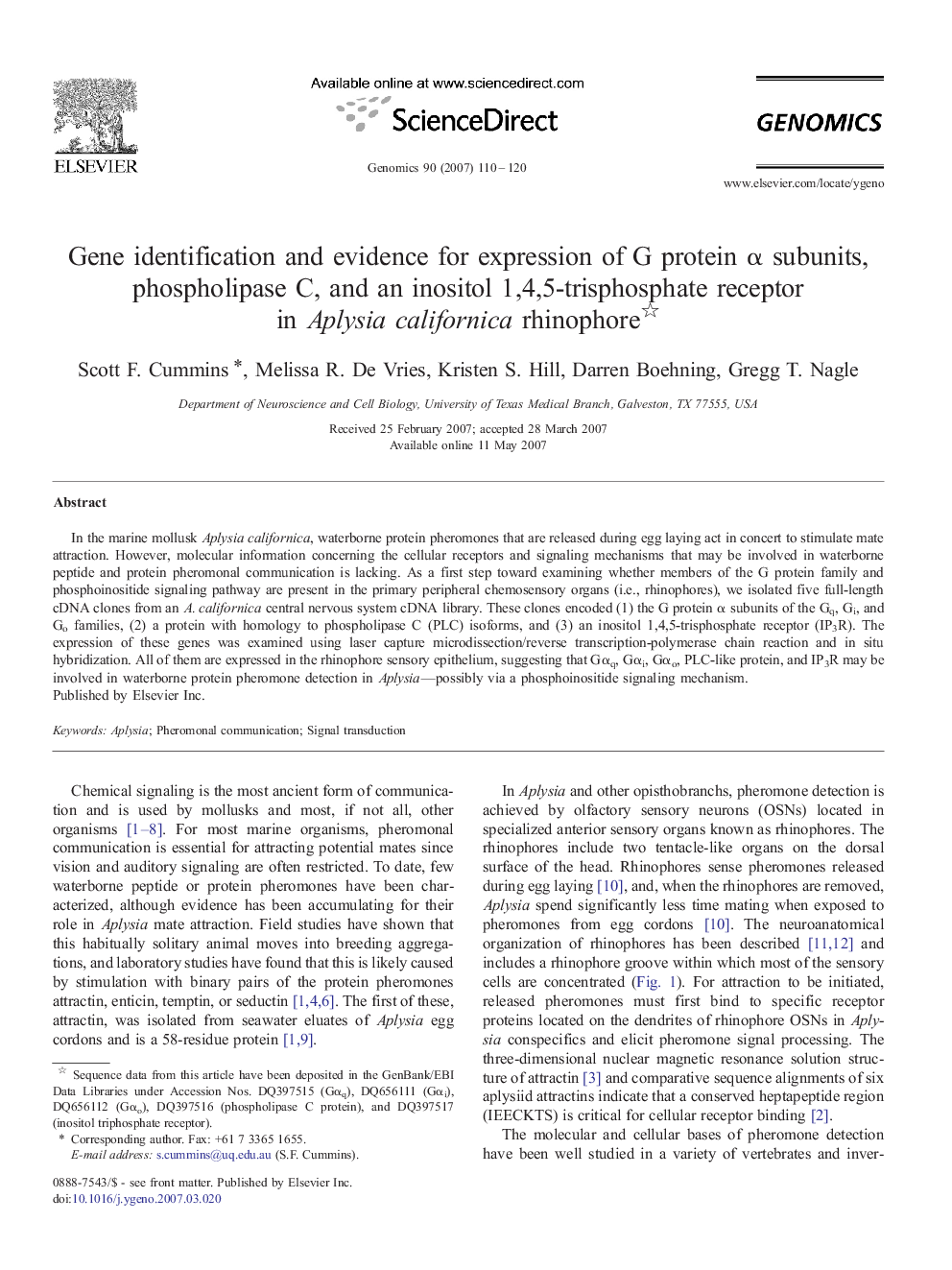 Gene identification and evidence for expression of G protein α subunits, phospholipase C, and an inositol 1,4,5-trisphosphate receptor in Aplysia californica rhinophore 