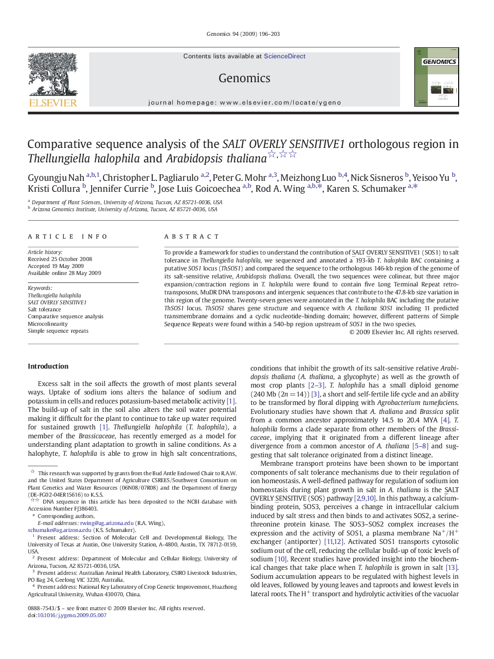 Comparative sequence analysis of the SALT OVERLY SENSITIVE1 orthologous region in Thellungiella halophila and Arabidopsis thaliana 