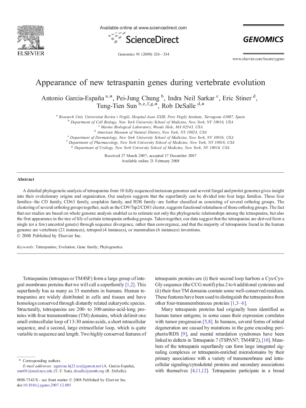 Appearance of new tetraspanin genes during vertebrate evolution