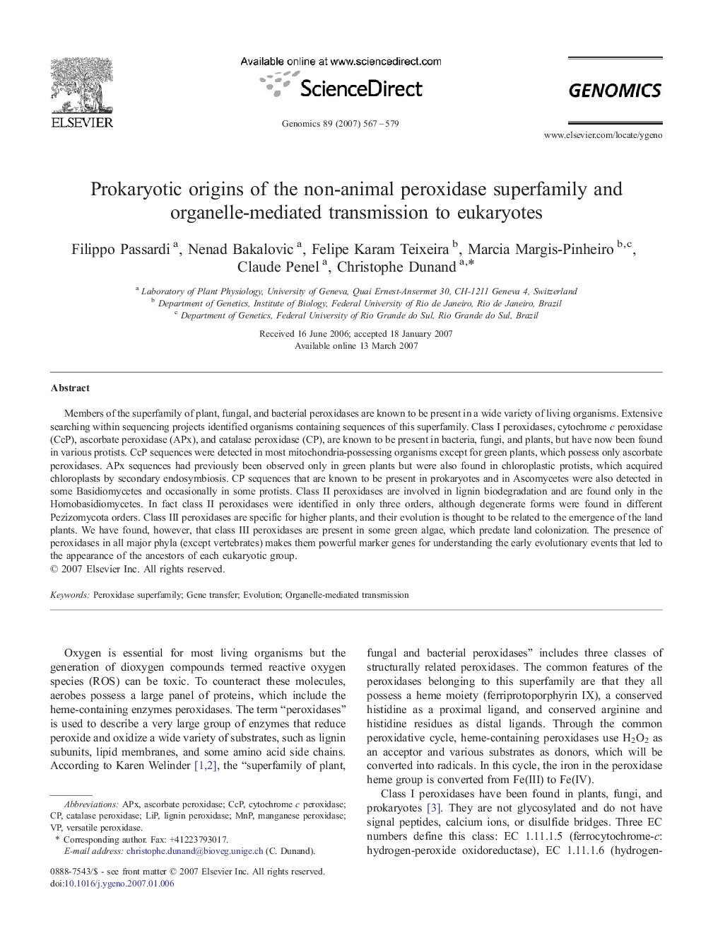 Prokaryotic origins of the non-animal peroxidase superfamily and organelle-mediated transmission to eukaryotes