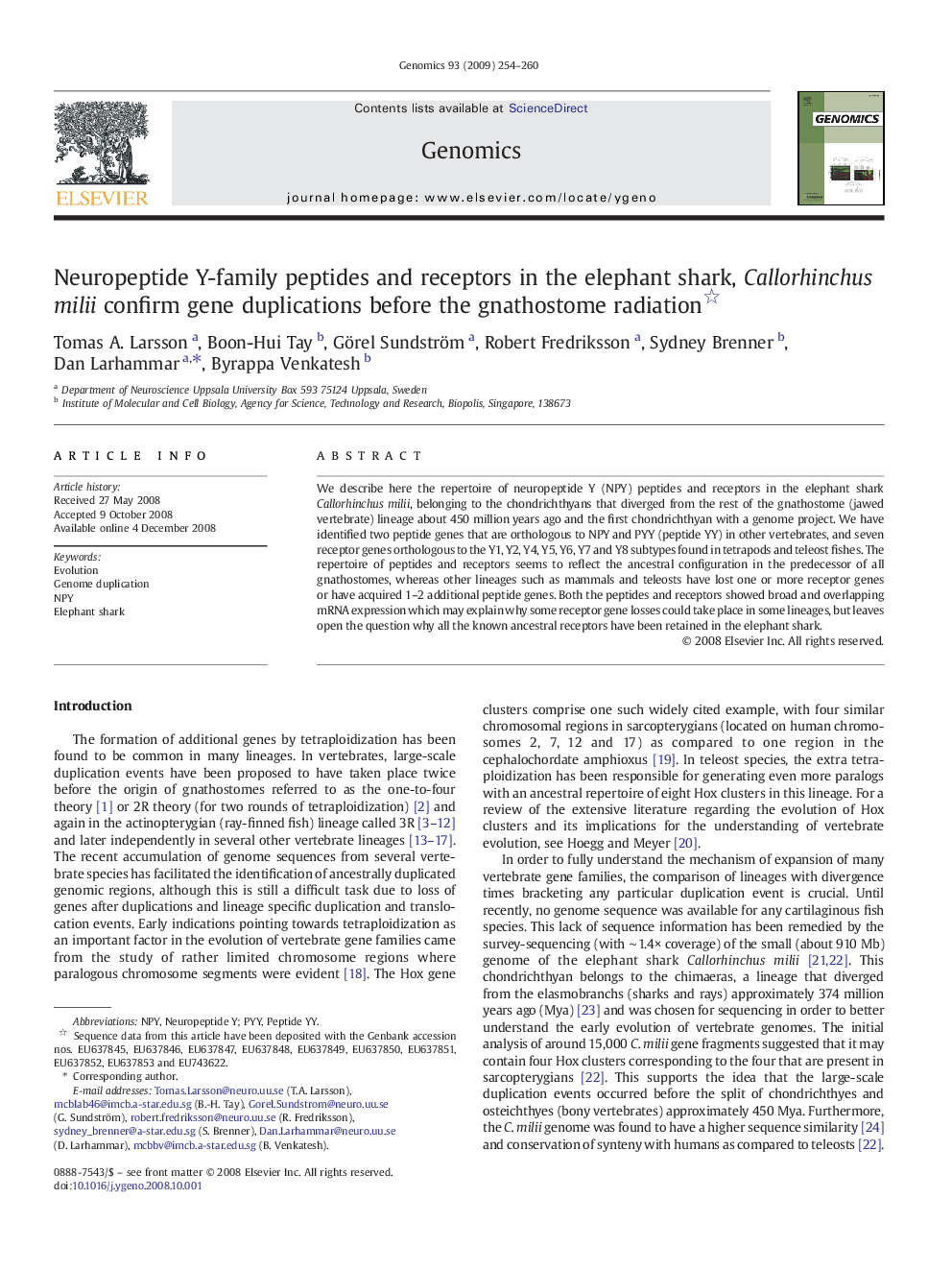 Neuropeptide Y-family peptides and receptors in the elephant shark, Callorhinchus milii confirm gene duplications before the gnathostome radiation 