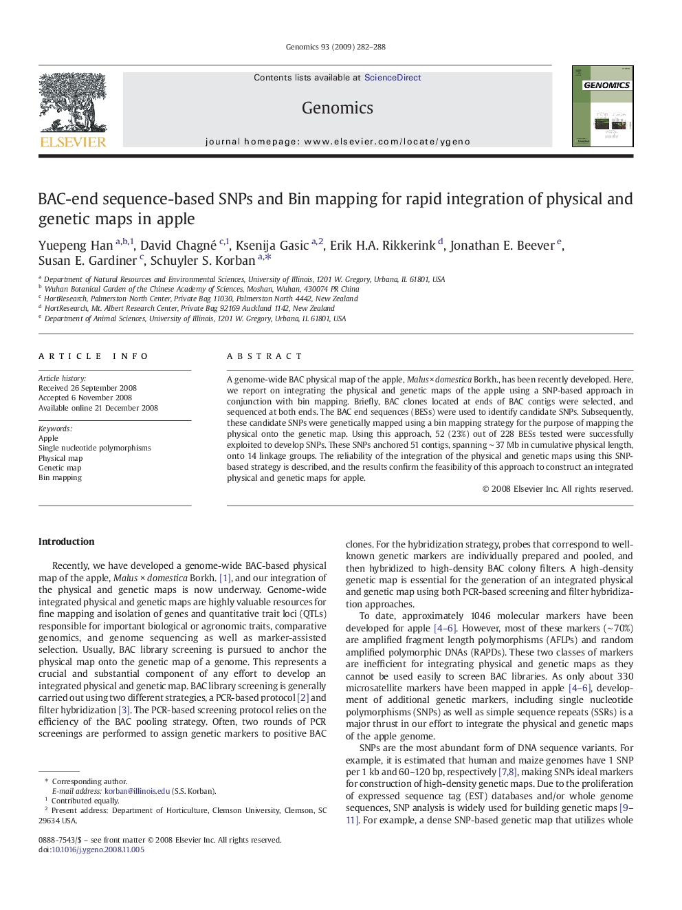 BAC-end sequence-based SNPs and Bin mapping for rapid integration of physical and genetic maps in apple