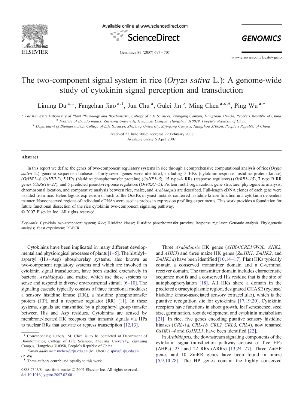 The two-component signal system in rice (Oryza sativa L.): A genome-wide study of cytokinin signal perception and transduction