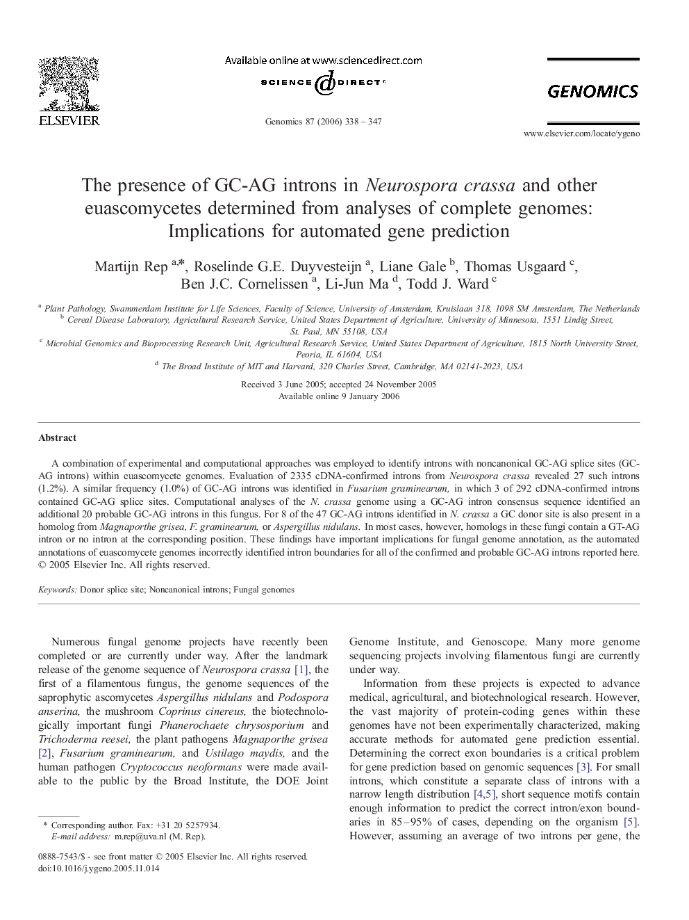 The presence of GC-AG introns in Neurospora crassa and other euascomycetes determined from analyses of complete genomes: implications for automated gene prediction