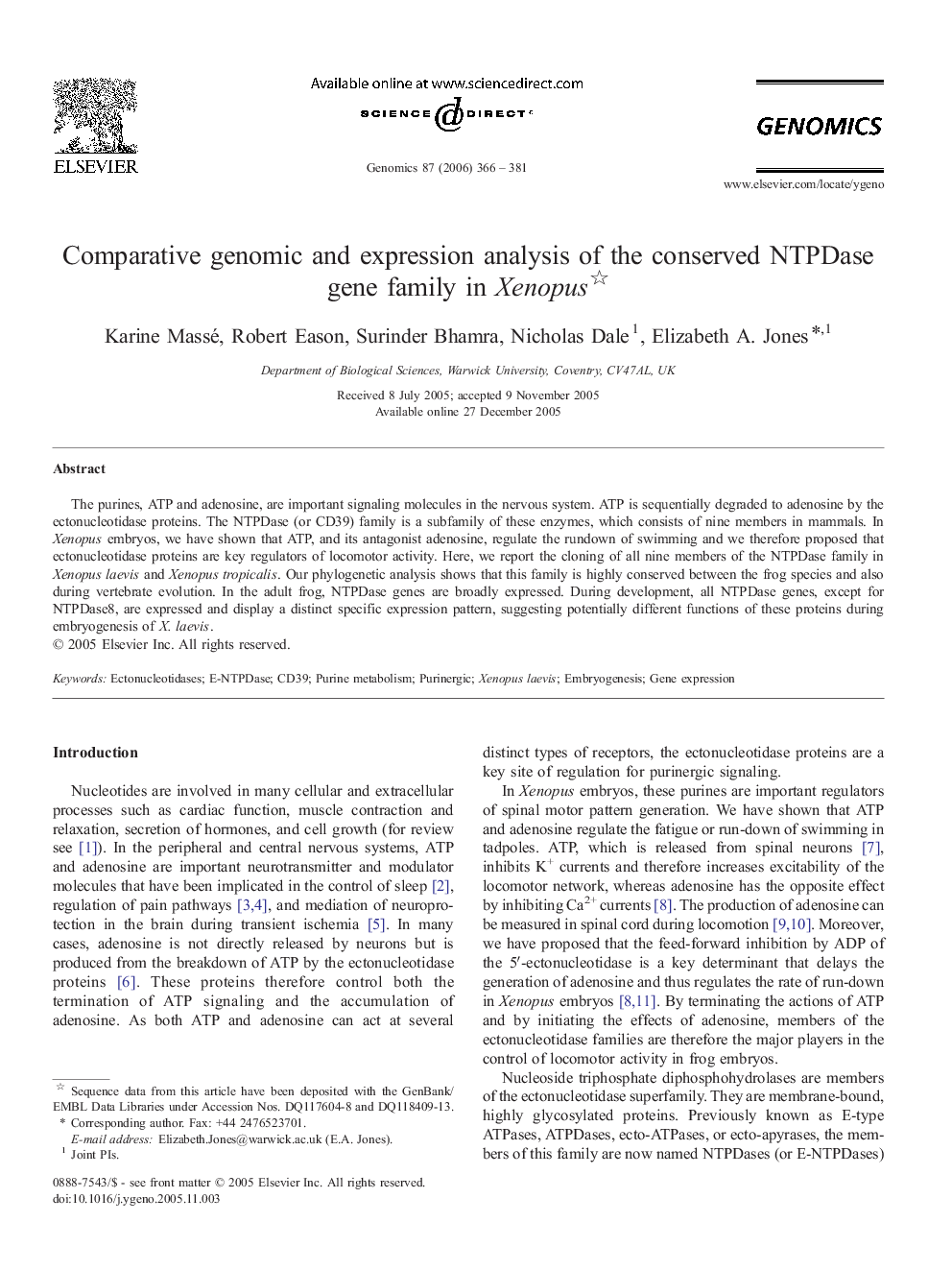 Comparative genomic and expression analysis of the conserved NTPDase gene family in Xenopus 